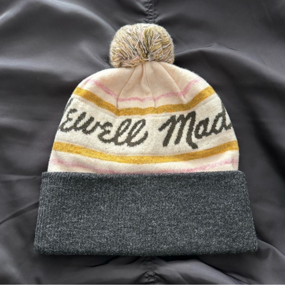 Madewell Striped Pom Beanie in Gray, Pink & Mustard